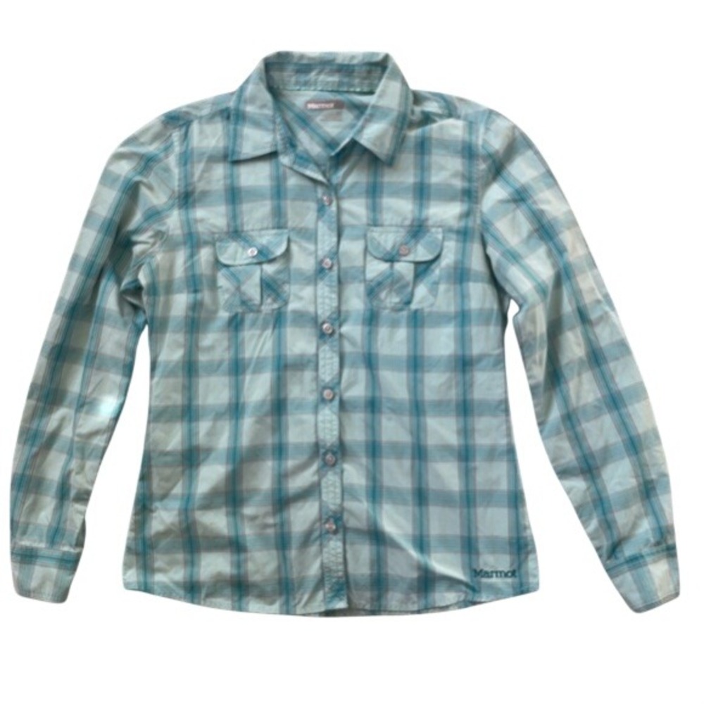 Marmot Womens Teal Blue Plaid Button Down Hiking Shirt Long Sleeve Roll Tab S